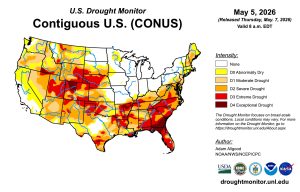 The U.S. Drought Monitor map shows widespread dry conditions across the country.